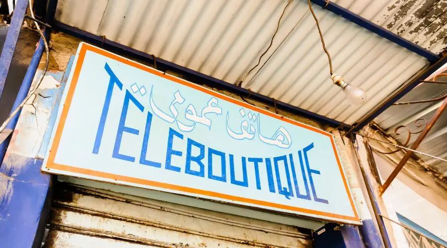 A sign of a public phone service in Morocco